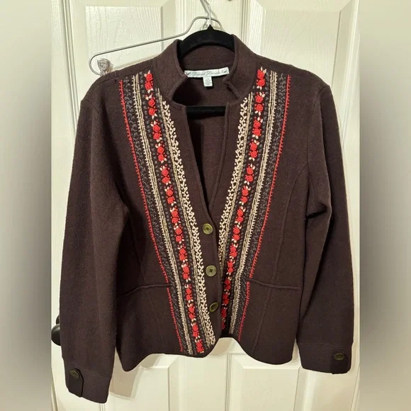 David Brooks 100% Wool Embroidered Cardigan Sweater Jacket Brown Floral Size L - Picture 2 of 12